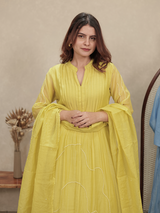 Lemon Yellow Embroidered Mul Chanderi Kurta Set