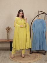 Lemon Yellow Embroidered Mul Chanderi Kurta Set