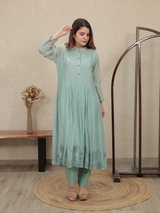 Mint Green Embroidered Mul Chanderi Kurta Set