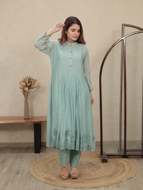 Mint Green Embroidered Mul Chanderi Kurta Set