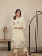 Off-White Embroidered Mul Chanderi Kurta Set