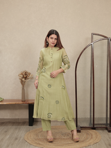 Olive Green Embroidered Mul Chanderi Kurta Set
