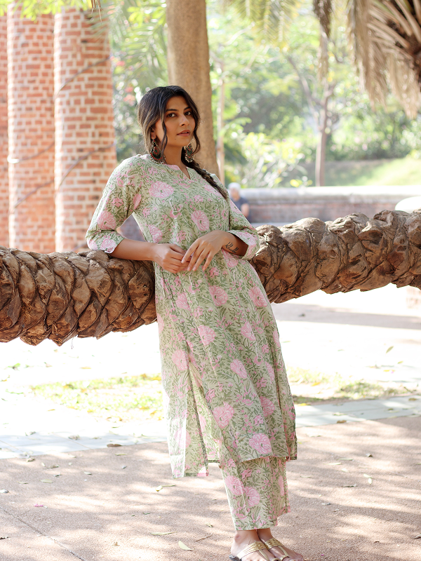 Pastel Green and Light Pink Hand Block Co-ord Set