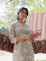Pastel Green and Light Pink Hand Block Co-ord Set