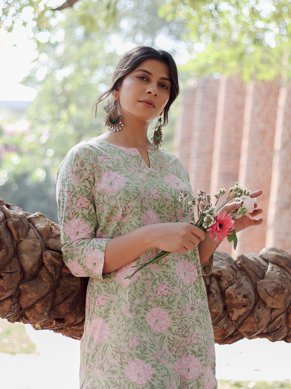 Pastel Green and Light Pink Hand Block Co-ord Set