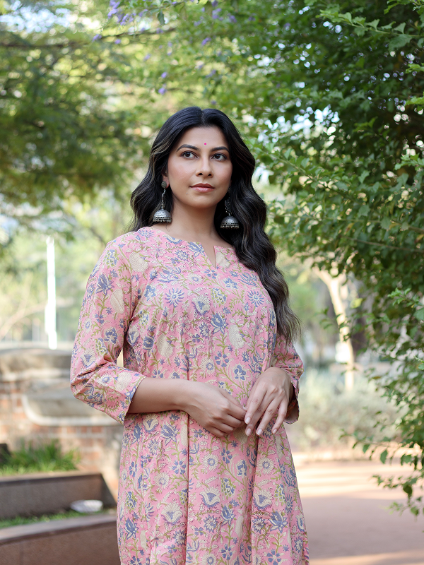 Peach and Green Hand Block Co-ord Set