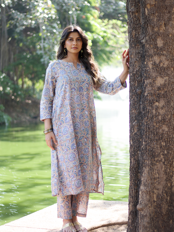 Sand and Blue Hand Block Co-ord Set