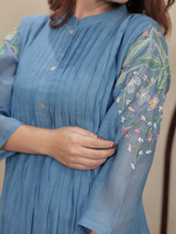 Sky Blue Embroidered Mul Chanderi Kurta Set