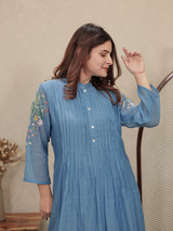 Sky Blue Embroidered Mul Chanderi Kurta Set