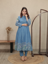 Sky Blue Embroidered Mul Chanderi Kurta Set