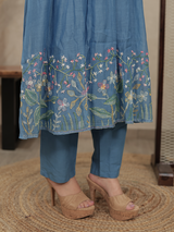 Sky Blue Embroidered Mul Chanderi Kurta Set