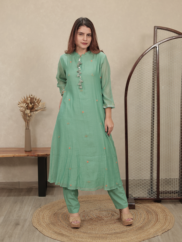 Teal Green Embroidered Mul Chanderi Kurta Set