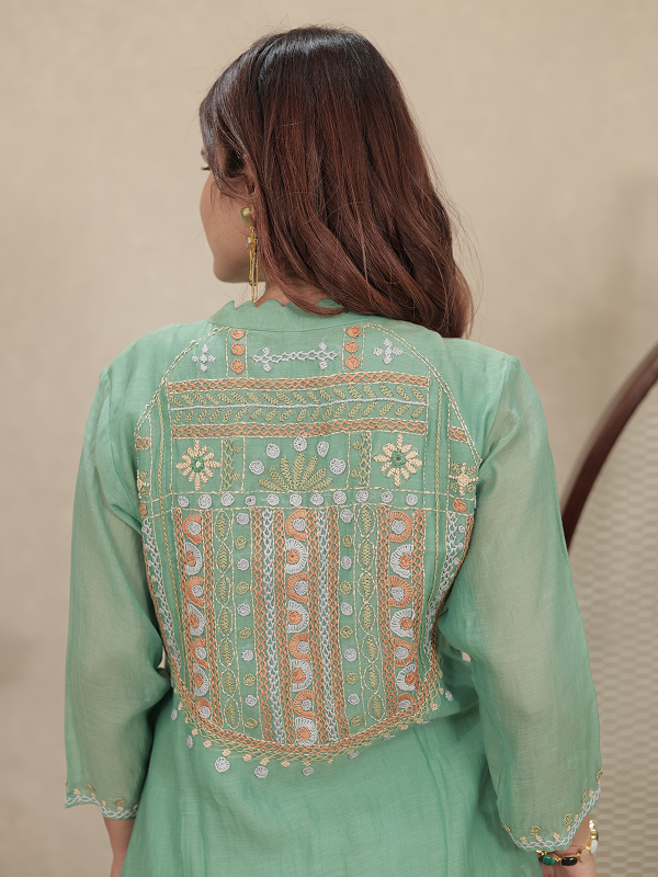 Teal Green Embroidered Mul Chanderi Kurta Set